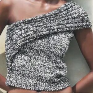 Zara Asymmetrical Bouclé One Shoulder Knit Top Size S NWOT